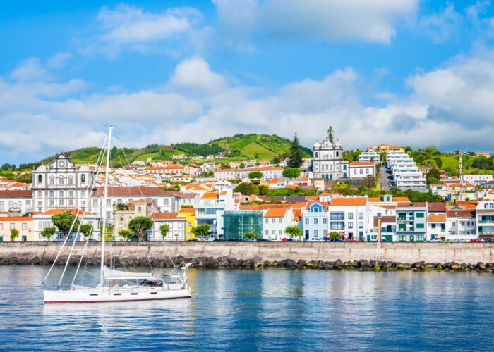 View,Of,Horta,Town,With,White,Houses,And,Church,On